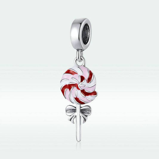Fun and Playful Lollipop Charm for Bracelets featuring red and white enamel swirl and sterling silver finish.