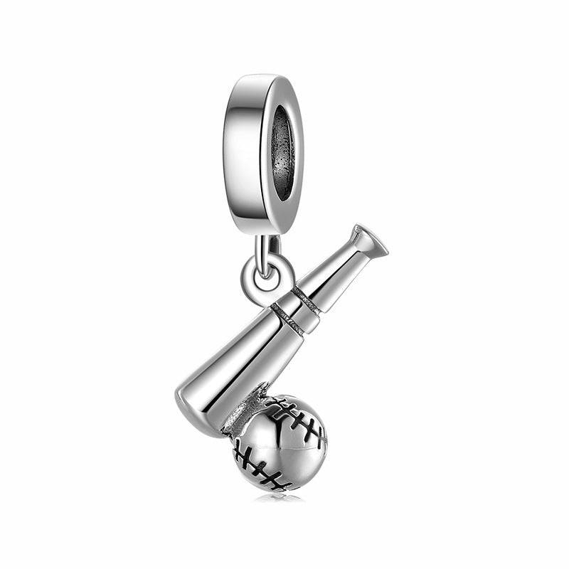 Baseball and bat charm in sterling silver from the Sports Charm series, ideal for athletic jewelry customization.
