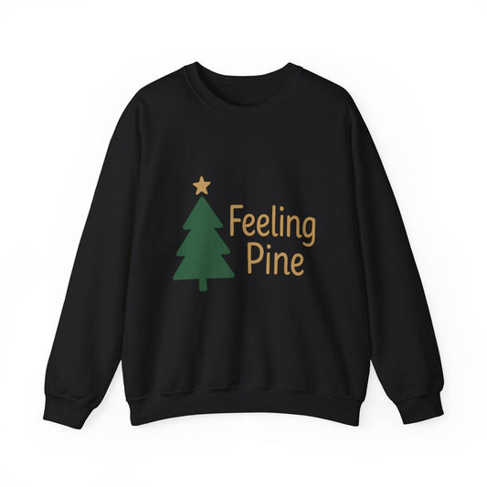 Feeling Pine Sweatshirt - Festive Christmas Wear in black with green tree and gold text, ideal for cozy winter fashion and holiday gatherings.