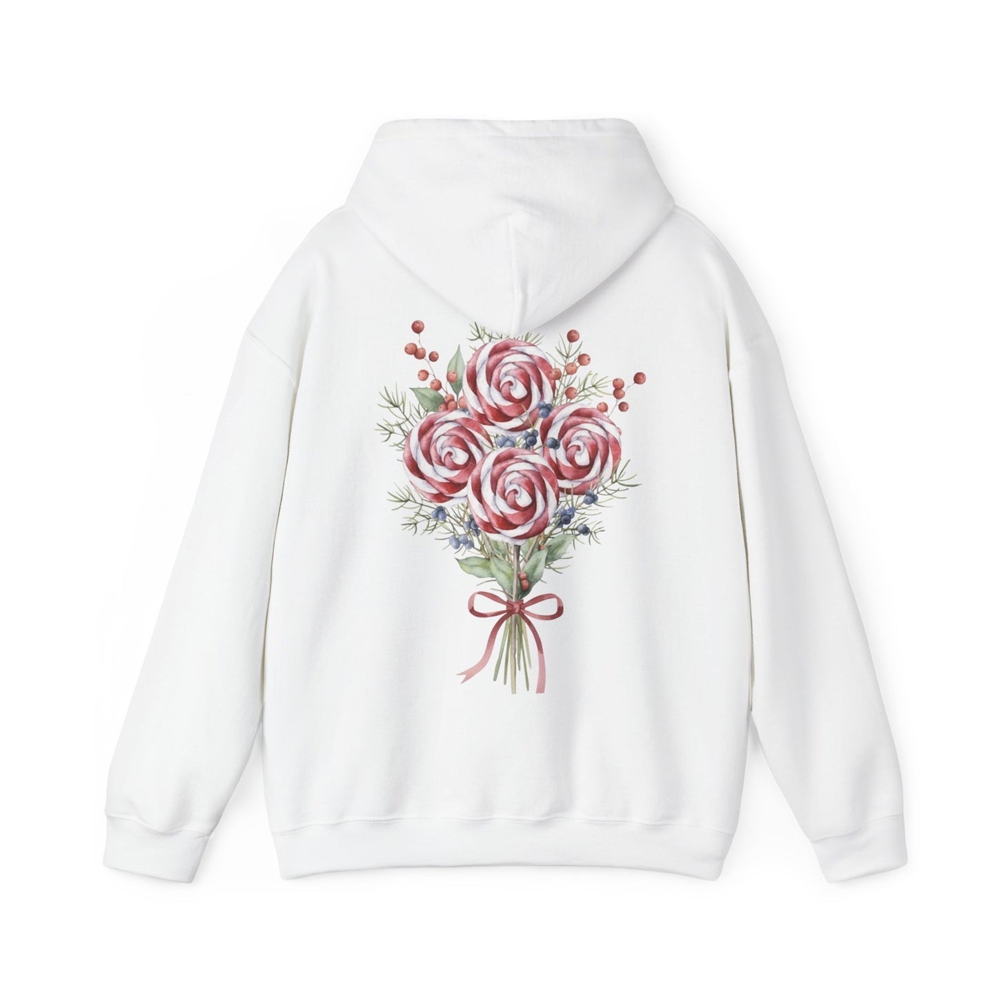 White hoodie with a floral design on the back against a white background