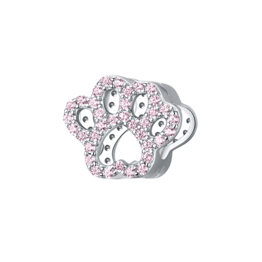 Close-up of Cute Pink Paw Charm for Bracelets with pink crystals, perfect for pet lovers and charm jewelry collections.