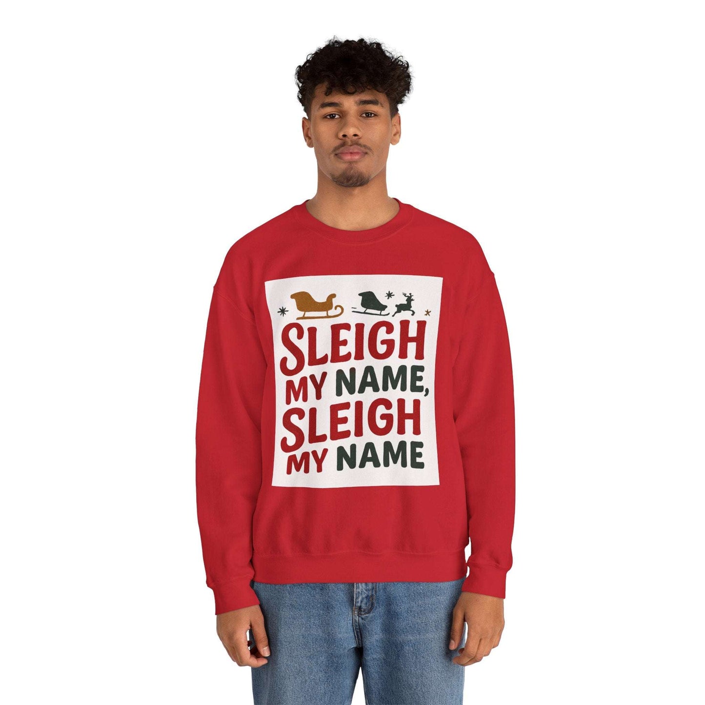 Christmas Clothing Unisex Sleigh My Name Sweatshirt in red with festive sleigh and reindeer graphic, ideal for holiday gatherings and winter style.