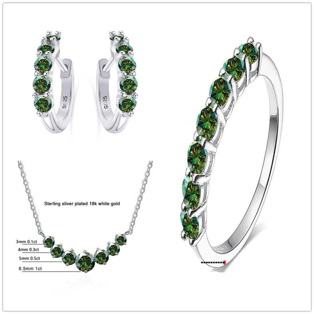 Moissanite Jewellery Set-Sterling Silver Set with forest green stones, includes necklace, earrings, and ring. Sophisticated and nature-inspired design.