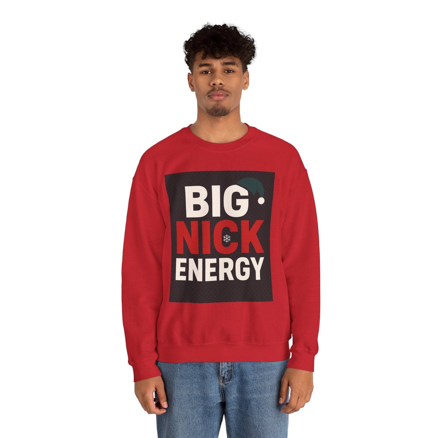 Person wearing a red sweatshirt with 'BIG NICK ENERGY' text on a white background