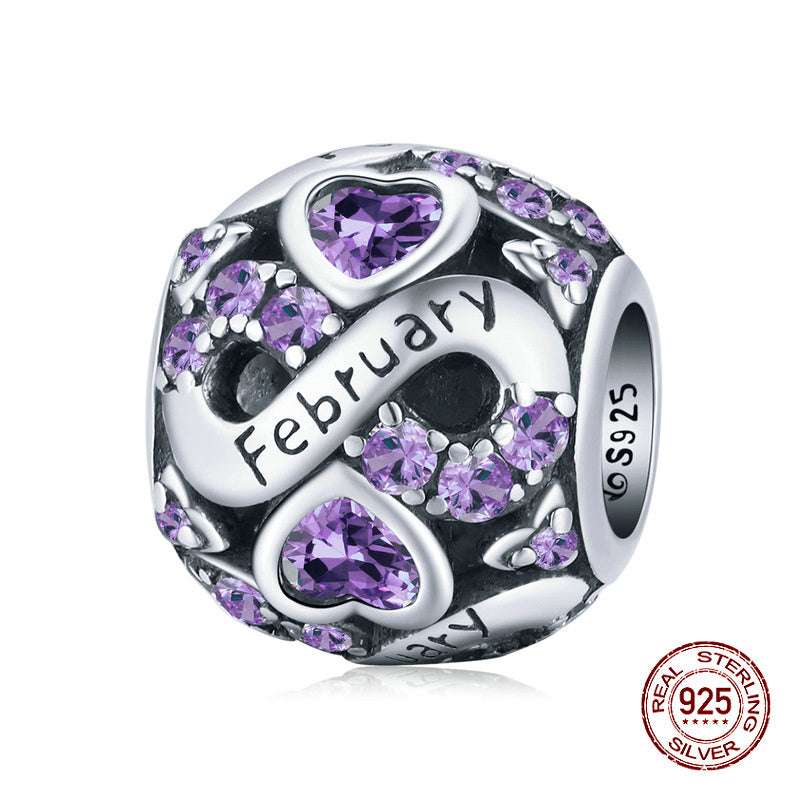 February Birth Month Charm with purple crystals and heart details, made of 925 sterling silver for elegant personal jewellery.
