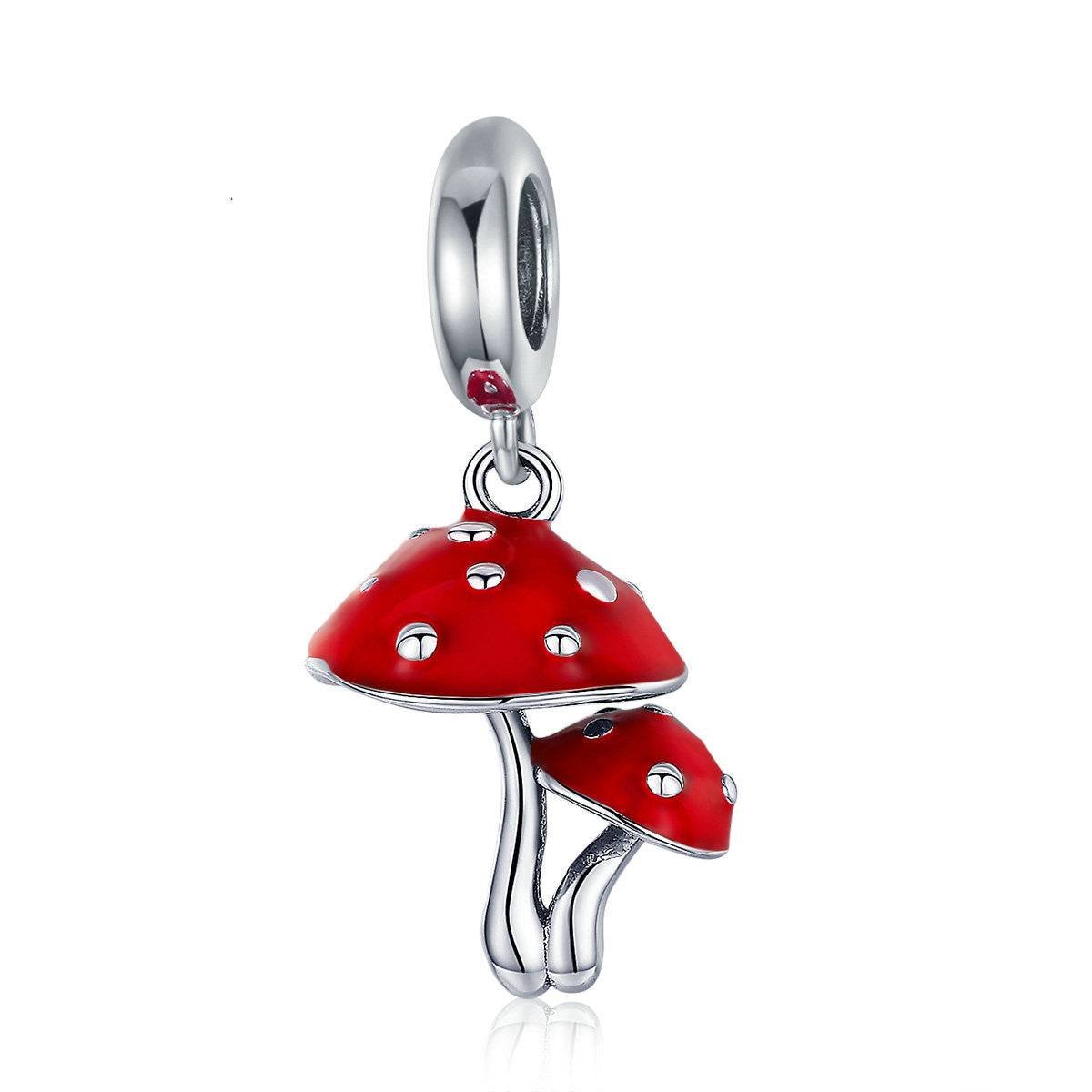 Charming Mushroom Charm for Bracelets featuring red enamel caps and sterling silver stems, perfect for nature-inspired jewelry collections.