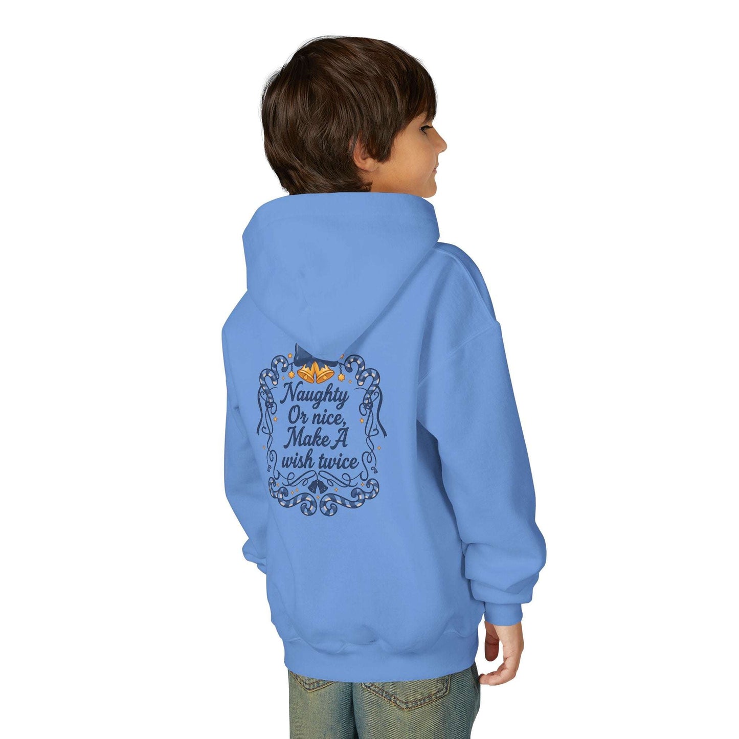 Nutcracker Hoodie for Kids - Christmas Wear in blue with festive 'Naughty or Nice, Make A Wish Twice' graphic on back, ideal for holiday parties.