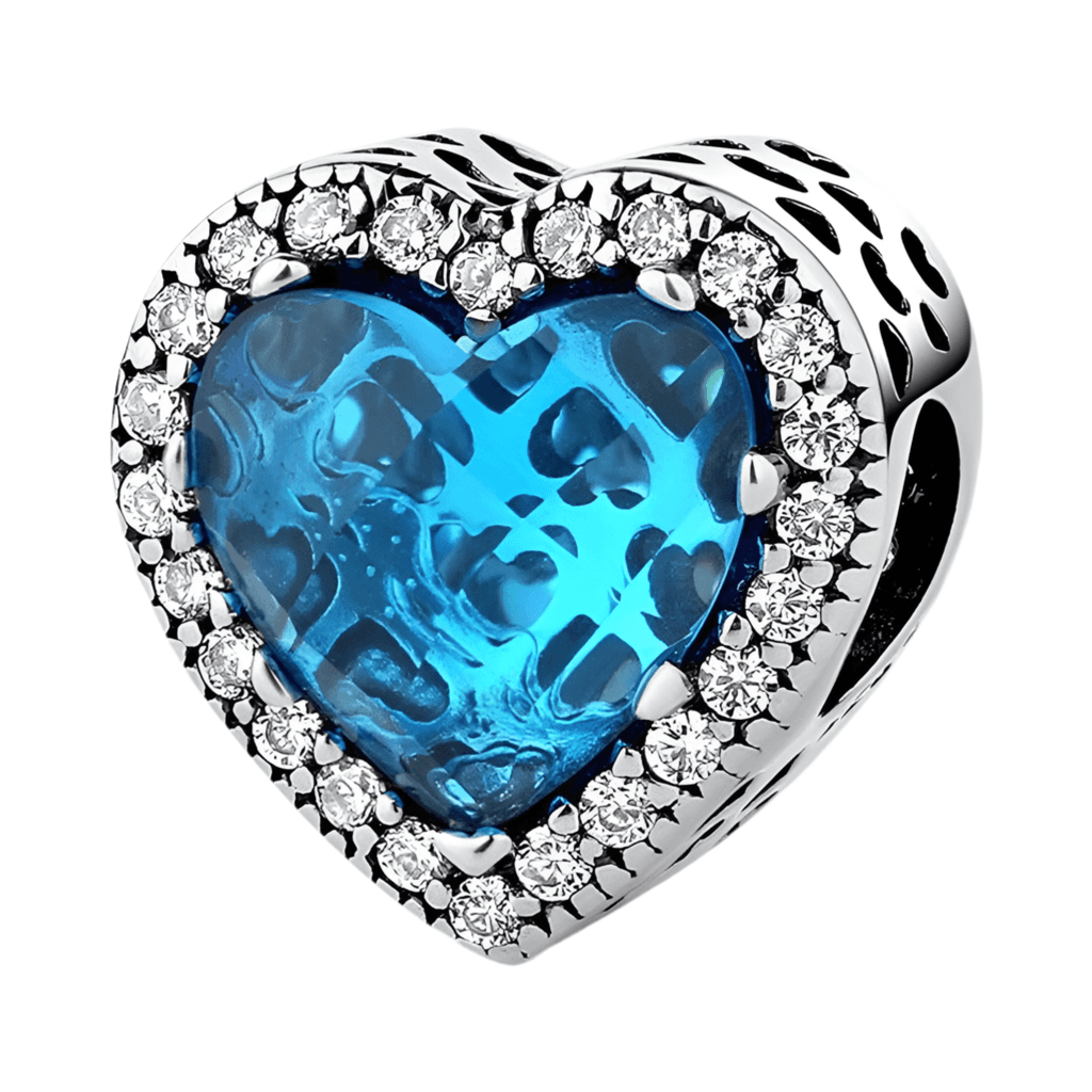 Glass Heart Charm - Elegant Love Symbol for Your Bracelet featuring a blue textured glass center and sparkling crystal border in silver setting.