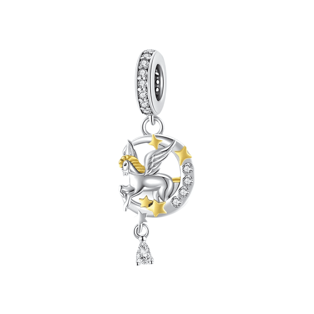 Enchanting Pegasus Charm featuring a silver flying horse with gold stars and crystal accents, perfect for fantasy-themed jewelry collections.
