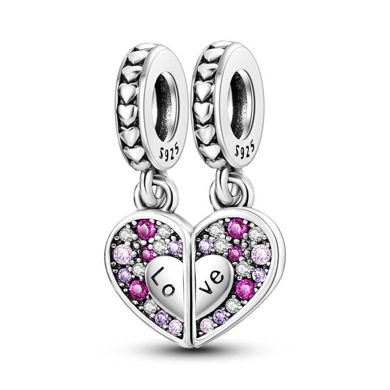 Split heart love charm with pink and purple crystals and 'Love' engraving. A romantic addition to bracelets symbolising affection and connection.