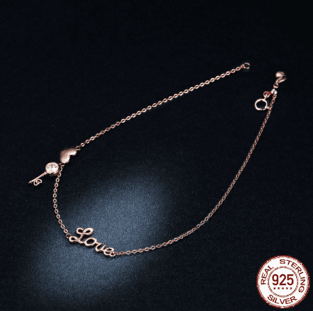 Charming Love Anklet for Bracelets in sterling silver with 'Love' script and heart charm. Ideal jewelry gift to celebrate affection and special moments.