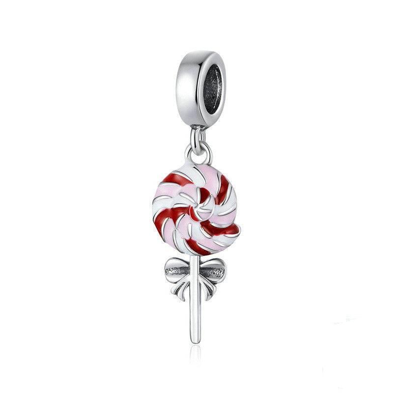 Lollipop Charm for Bracelets in red and white swirl design with silver bow, perfect for playful jewelry collections.