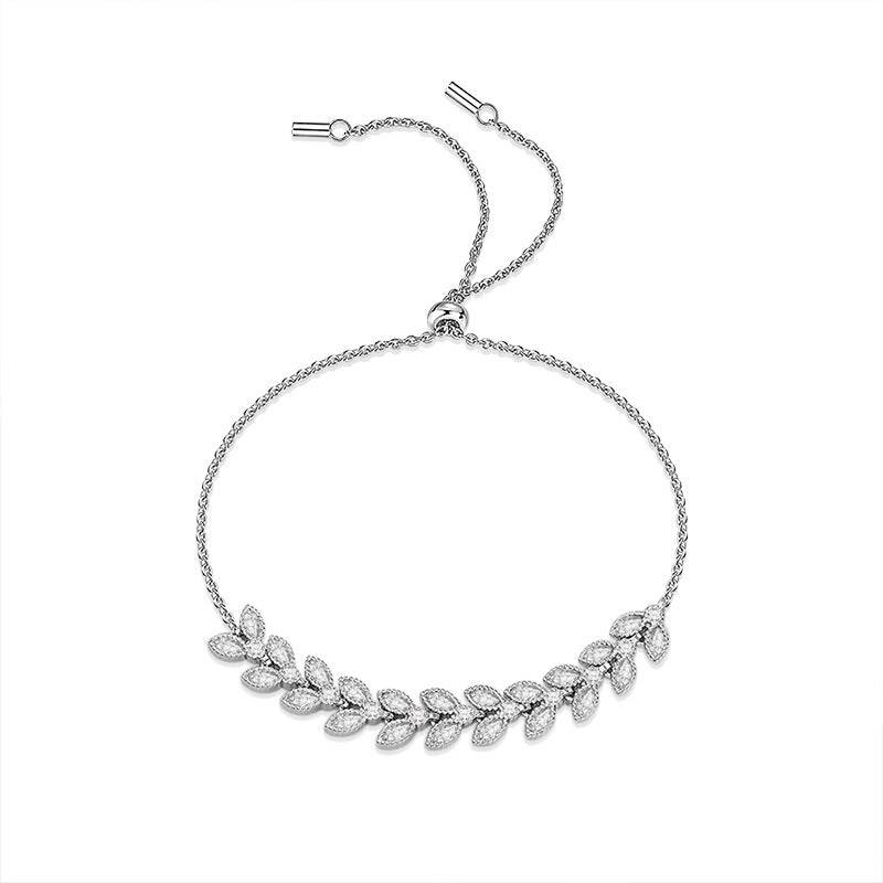 Moissanite Petal Bracelet - Silver Wheat Moissanite design with adjustable sterling silver chain and leaf-shaped sparkling stones.