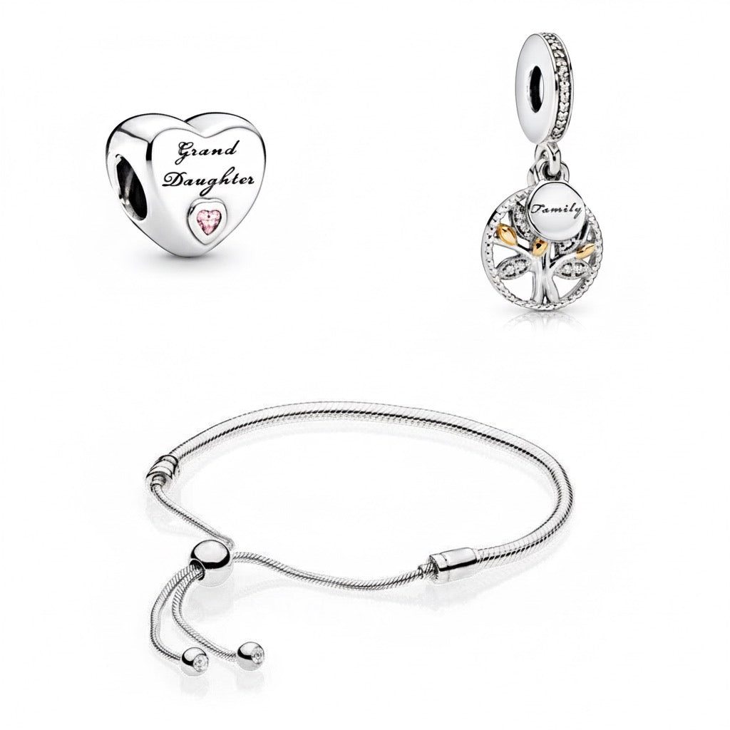 Perfect Gift Set for Her - Ultimate Love | Gift Bundle featuring a heart-shaped 'Grand Daughter' charm, a 'Family' tree charm, and an adjustable silver bracelet. Ideal jewelry set for expressing love and appreciation.