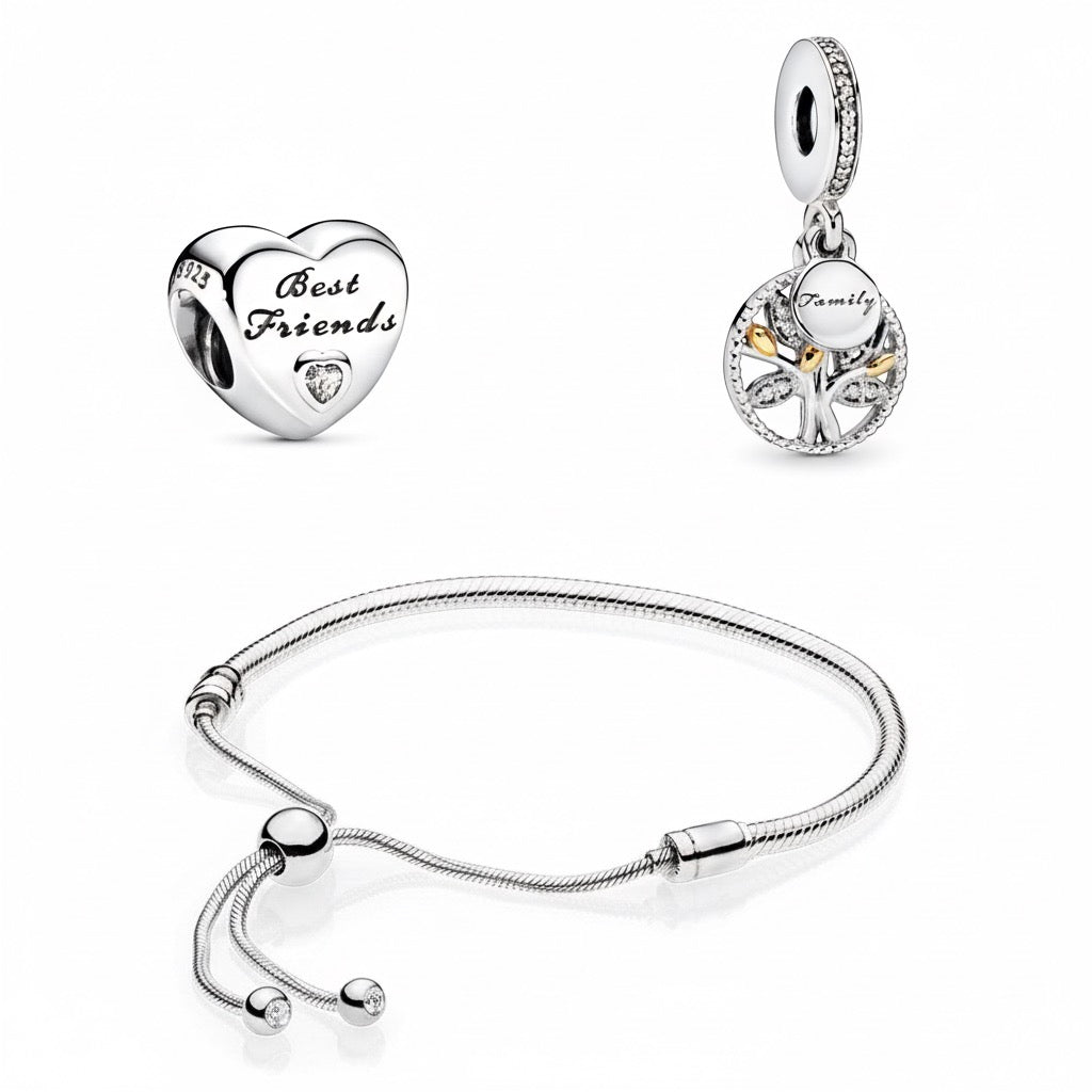 Perfect Gift Set for Her - Ultimate Love | Gift Bundle featuring a silver adjustable bracelet with 'Best Friends' heart charm and 'Family' tree charm.