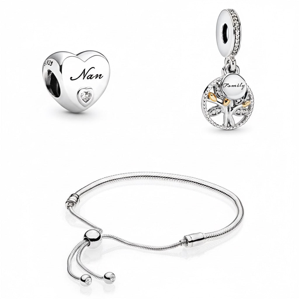 Perfect Gift Set for Her - Ultimate Love | Gift Bundle featuring a heart-shaped 'Nan' charm, a 'Family' tree charm, and an adjustable silver bracelet.