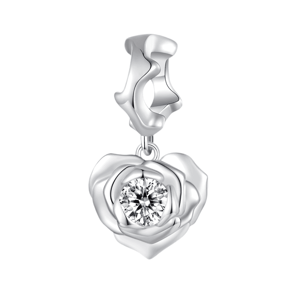 Rose Heart Charm in sterling silver with a sparkling center stone, perfect for necklaces or bracelets. Elegant floral design expresses love and passion.