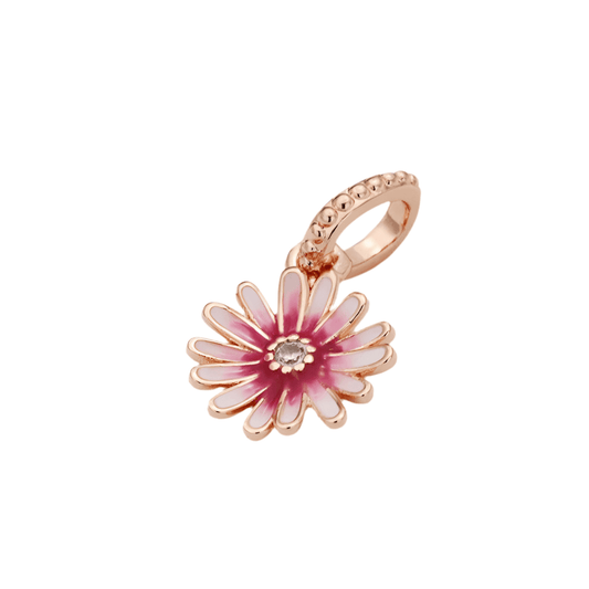 Pink Daisy Charm with rose gold finish and enamel petals, perfect for floral-themed bracelets. Adds elegance to any jewelry collection.
