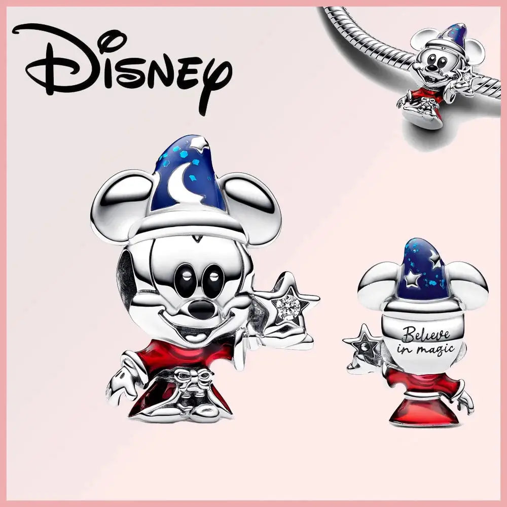 Disney Pixar Charms Collection (Limited Edition) featuring Sorcerer Mickey charm in sterling silver with blue enamel hat and engraved 'Believe in magic' text. Ideal for Disney fans and charm bracelet collectors.