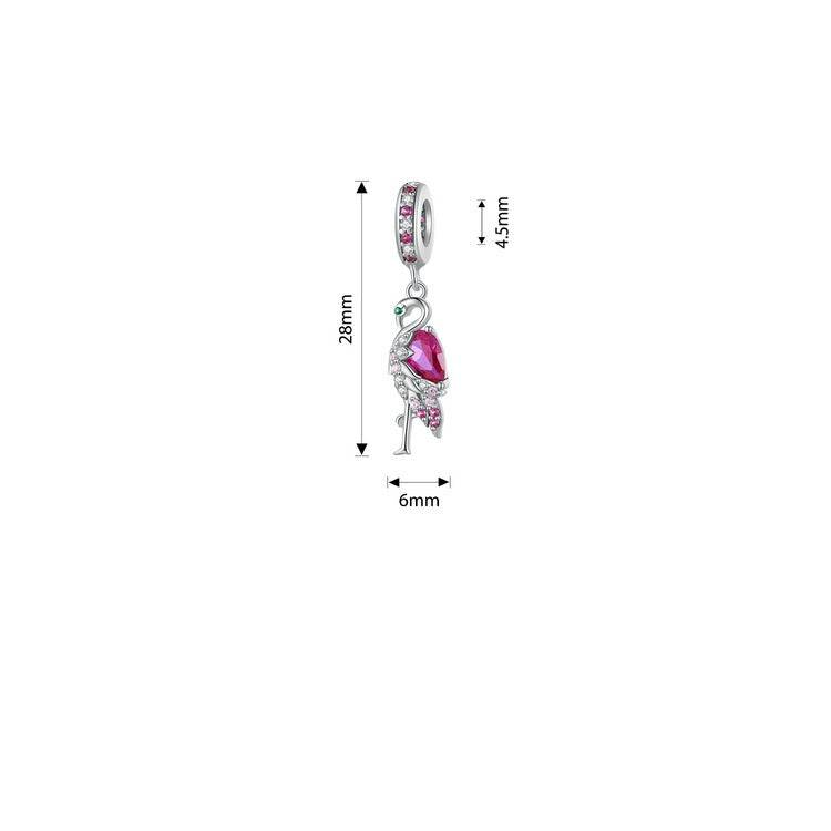 Detailed dimensions of adorable cute flamingo charm for bracelets, measuring 28mm in length with pink gemstone accents.