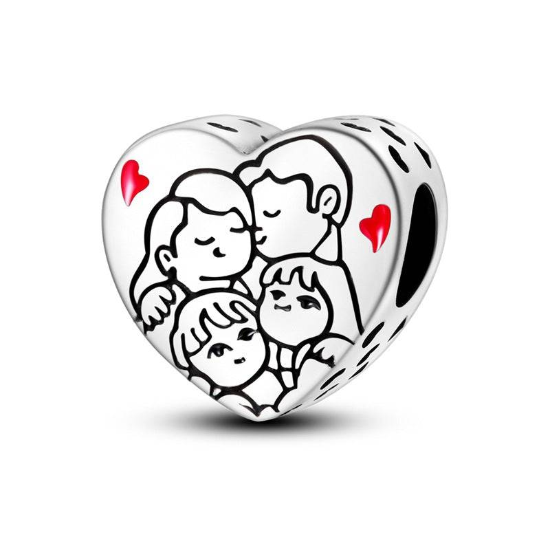 Heart charm with family of four illustration and red heart accents. A perfect love charm for bracelets representing unity and affection.
