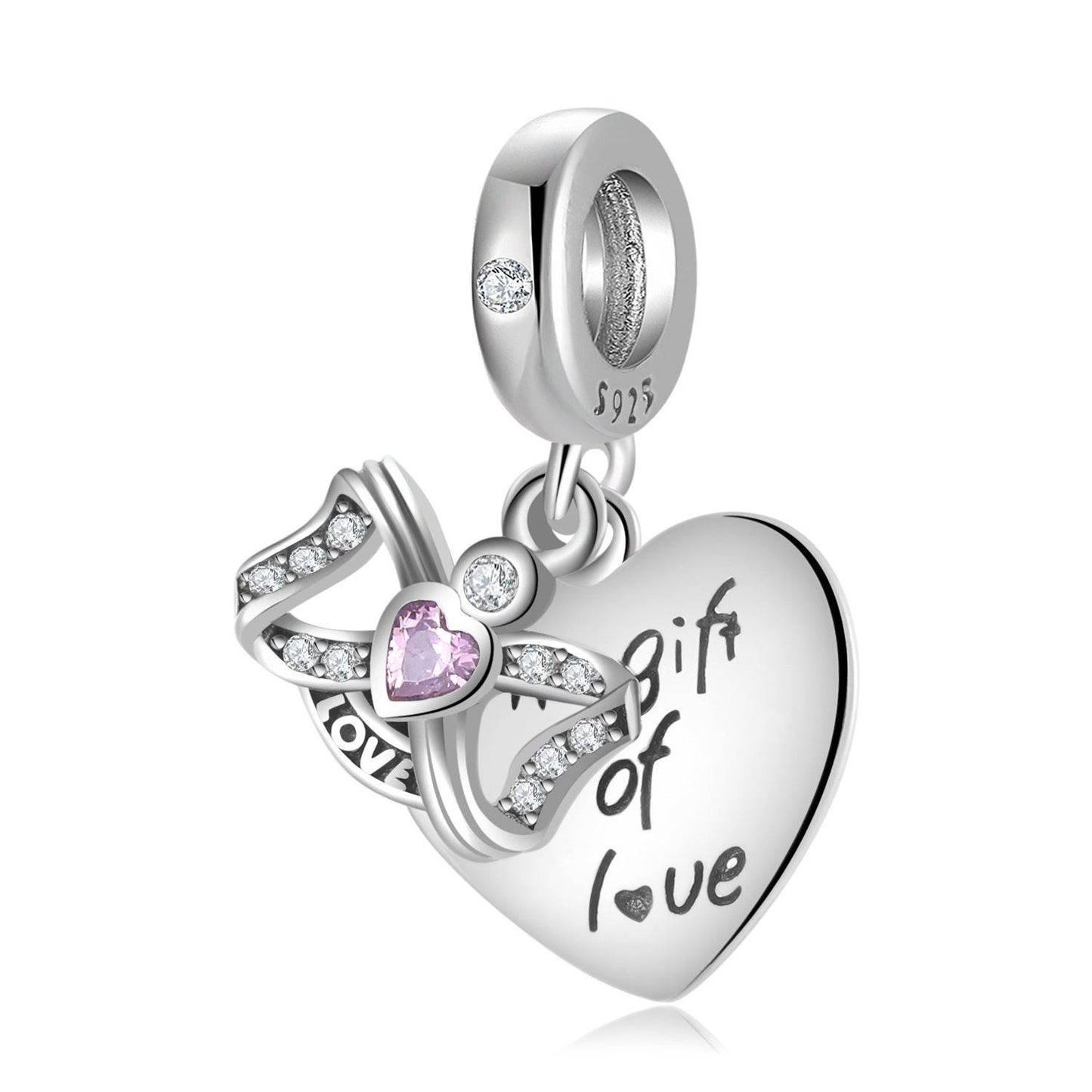 Close-up of the Gift of Love Charm for Bracelets, highlighting the detailed bow, pink heart gem, and engraved 'The gift of love' text.