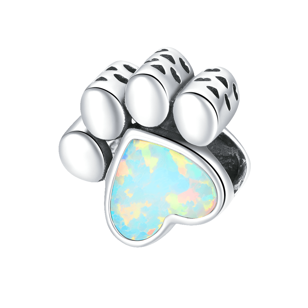 Colorful opal heart dog paw charm in silver, a charming addition to pet-themed jewelry collections.
