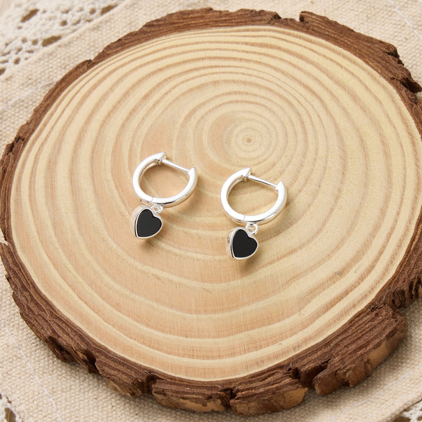 Black Onyx Gemstone Heart Charm Hoop Earrings with Quote Card