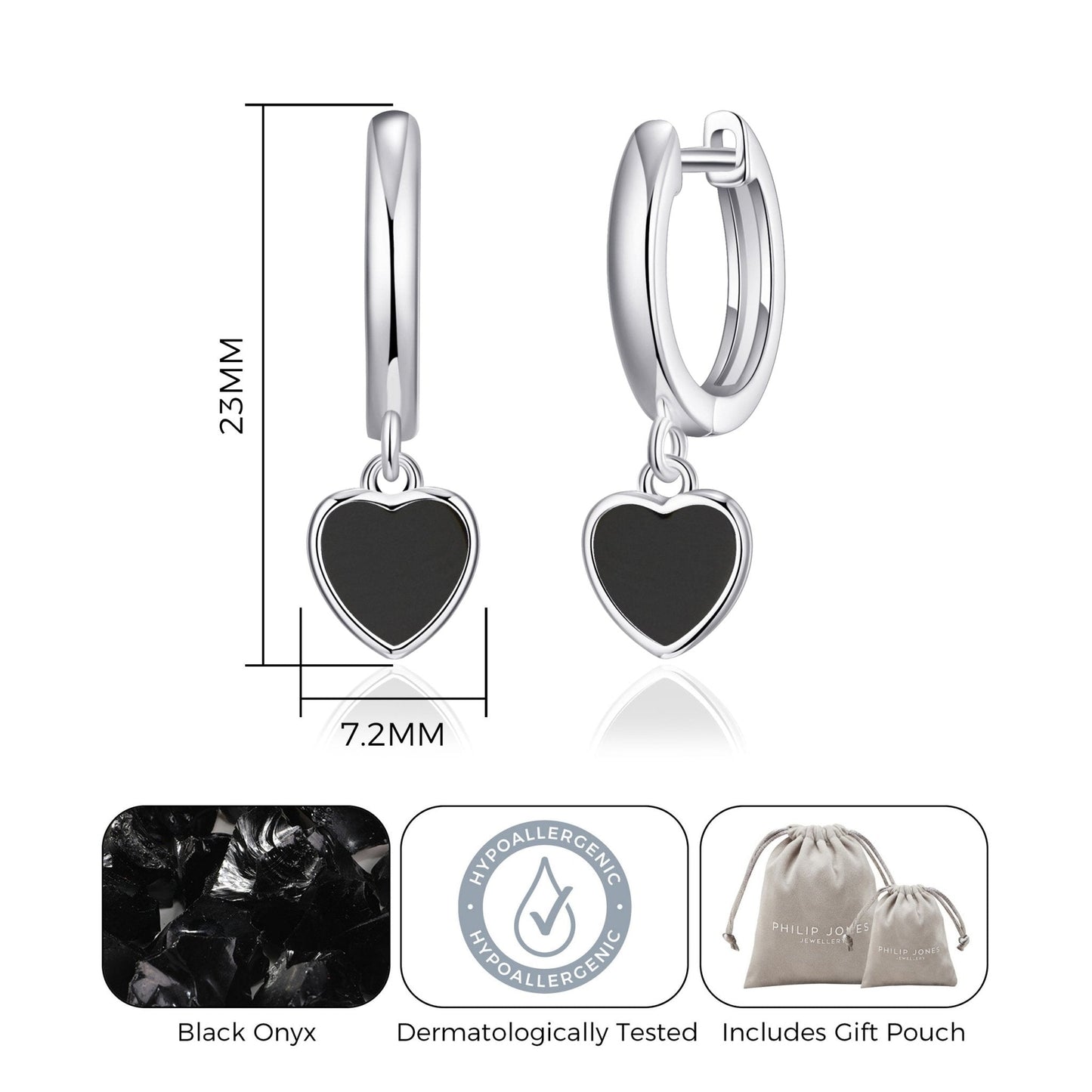 Black Onyx Gemstone Heart Charm Hoop Earrings with Quote Card