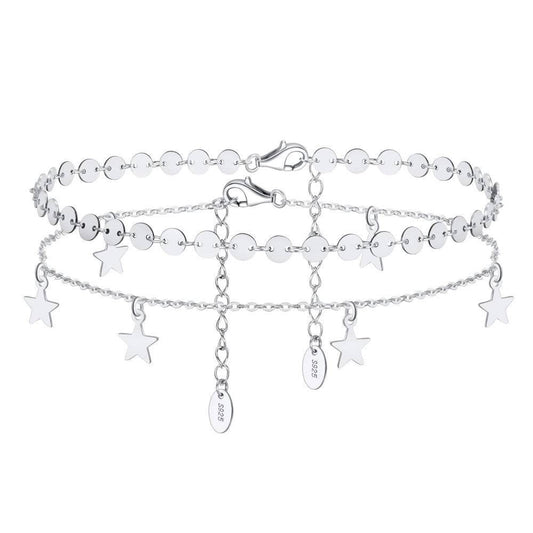 Elegant silver Stars Anklet with celestial star charms and layered chain design, ideal for beachwear or casual chic looks.