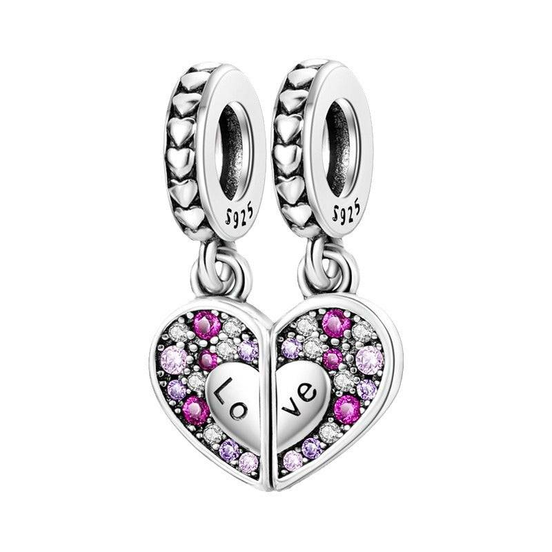 Beautiful love charms for bracelets featuring a split heart design with pink and purple crystals. Symbolise romance and affection in fine detail.