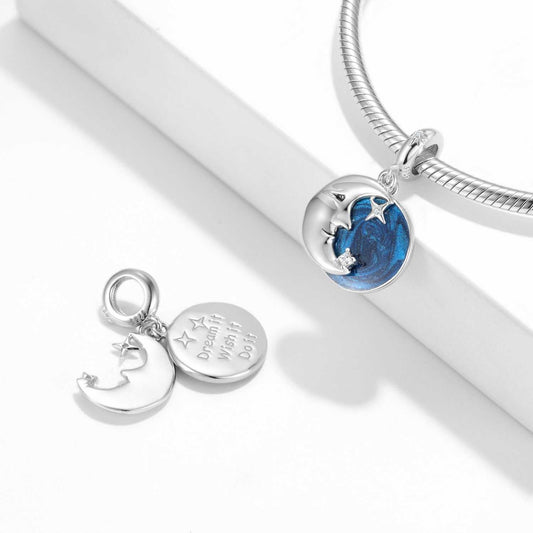 Moonlight Charm on a silver bracelet with engraved back reading 'Dream it, Wish it, Do it', ideal for night sky-inspired jewelry collections.