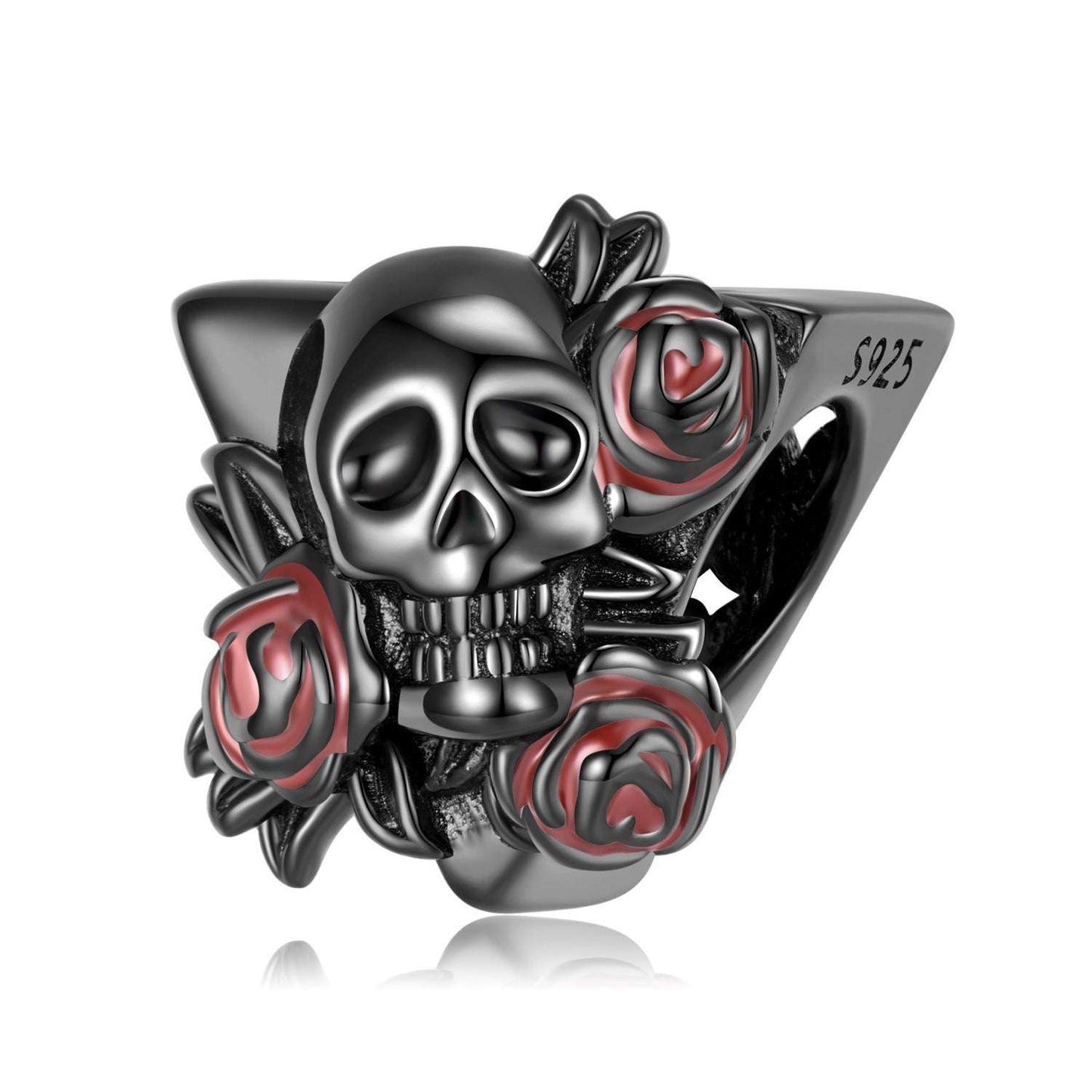 Black Skull Charm with intricate Gothic design, featuring a dark skull and red roses. Made from 925 sterling silver for a bold fashion statement.