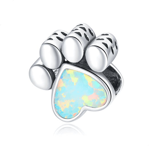 Cute dog paw charm with iridescent heart-shaped opal, perfect for pet-themed jewelry and bracelet customization.