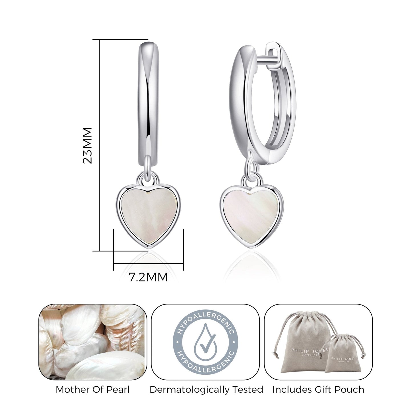 Mother of Pearl Gemstone Heart Charm Hoop Earrings with Quote Card