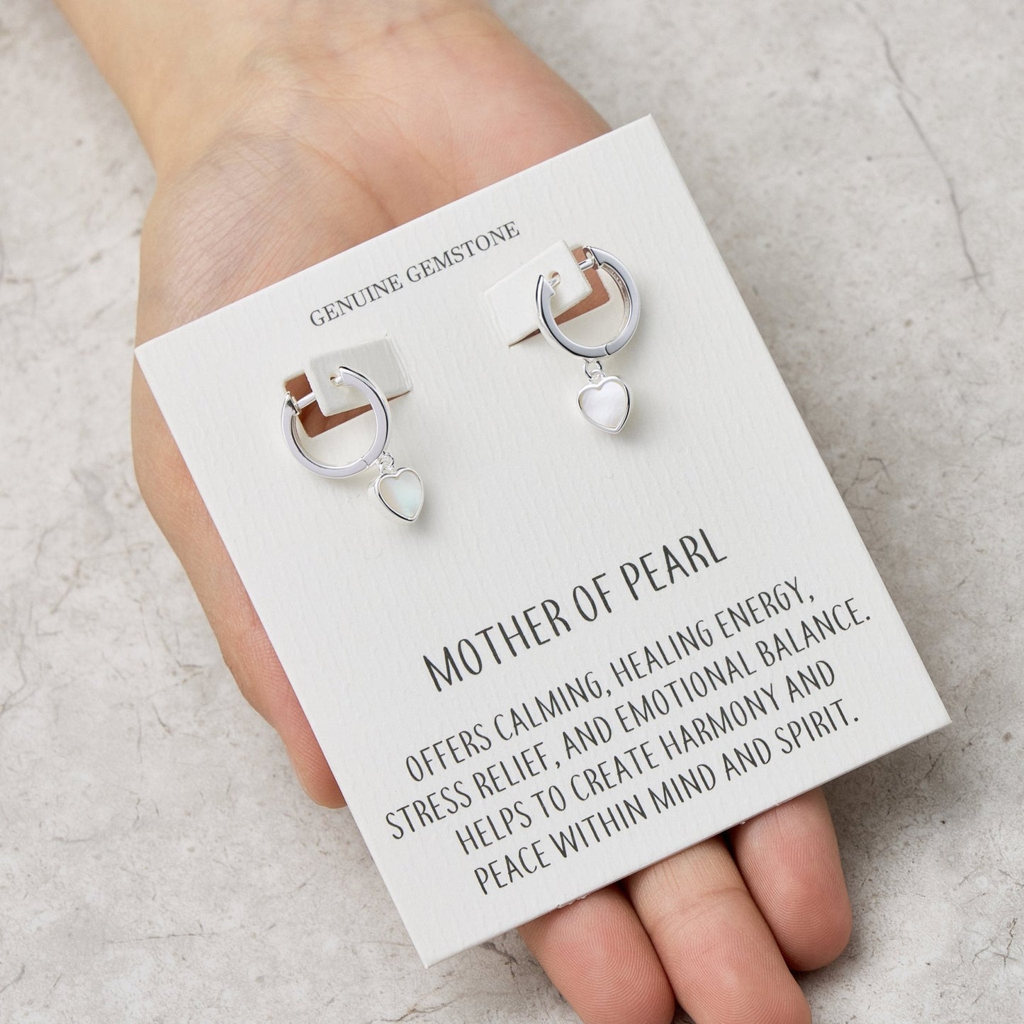 Mother of Pearl Gemstone Heart Charm Hoop Earrings with Quote Card