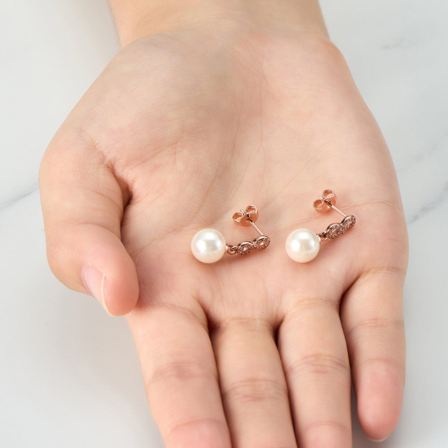 Rose Gold Plated I Couldn't Say I Do Without You Infinity Pearl Drop Earrings with Zircondia® Crystals
