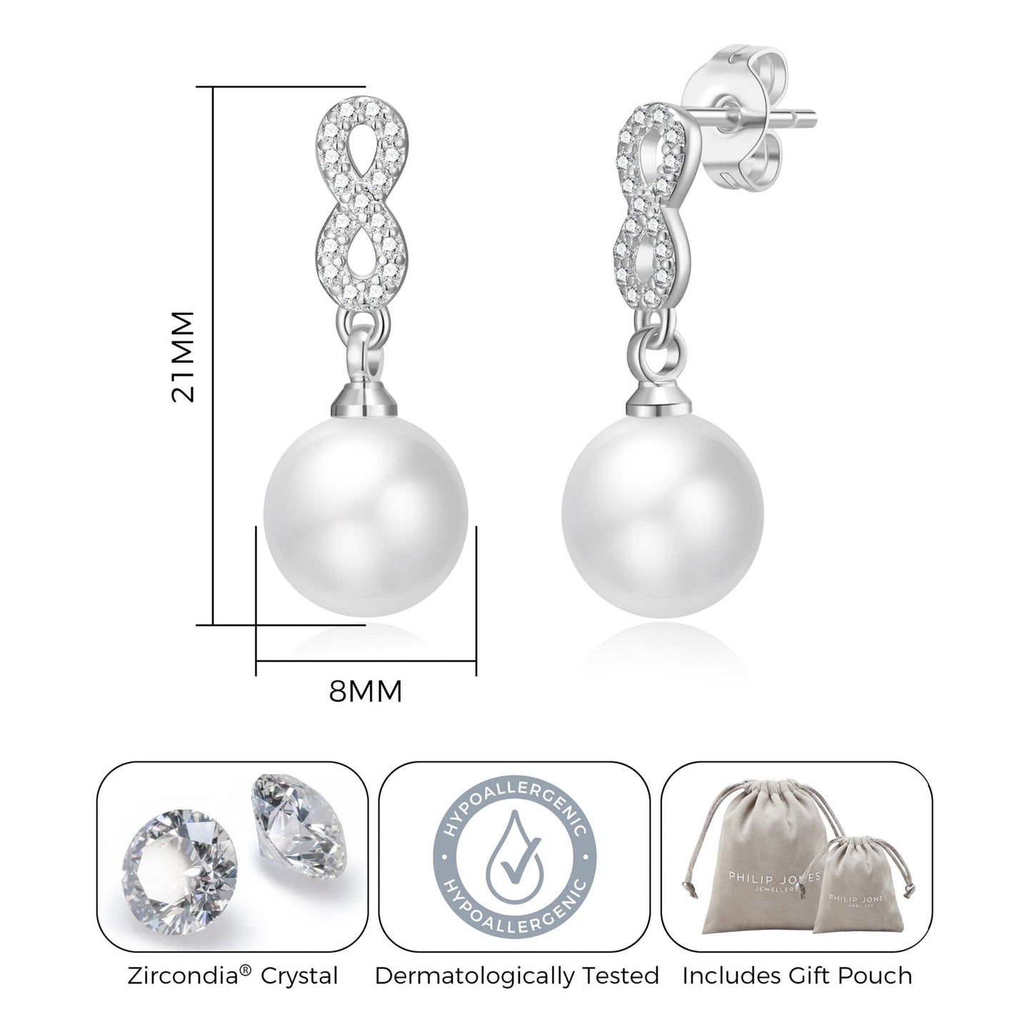 Silver Plated I Couldn't Say I Do Without You Infinity Pearl Drop Earrings with Zircondia® Crystals
