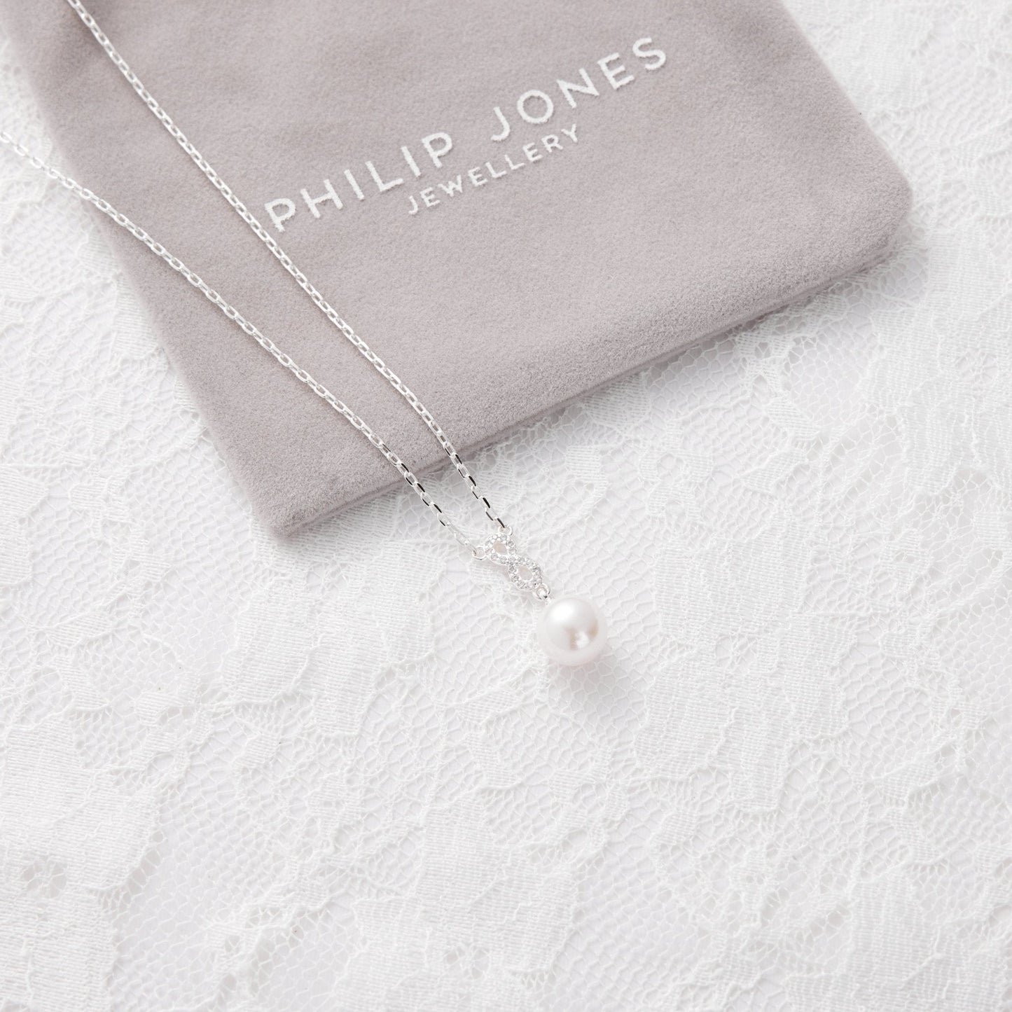 Silver Plated I Couldn't Say I Do Without You Infinity Pearl Wedding Drop Necklace with Zircondia® Crystals
