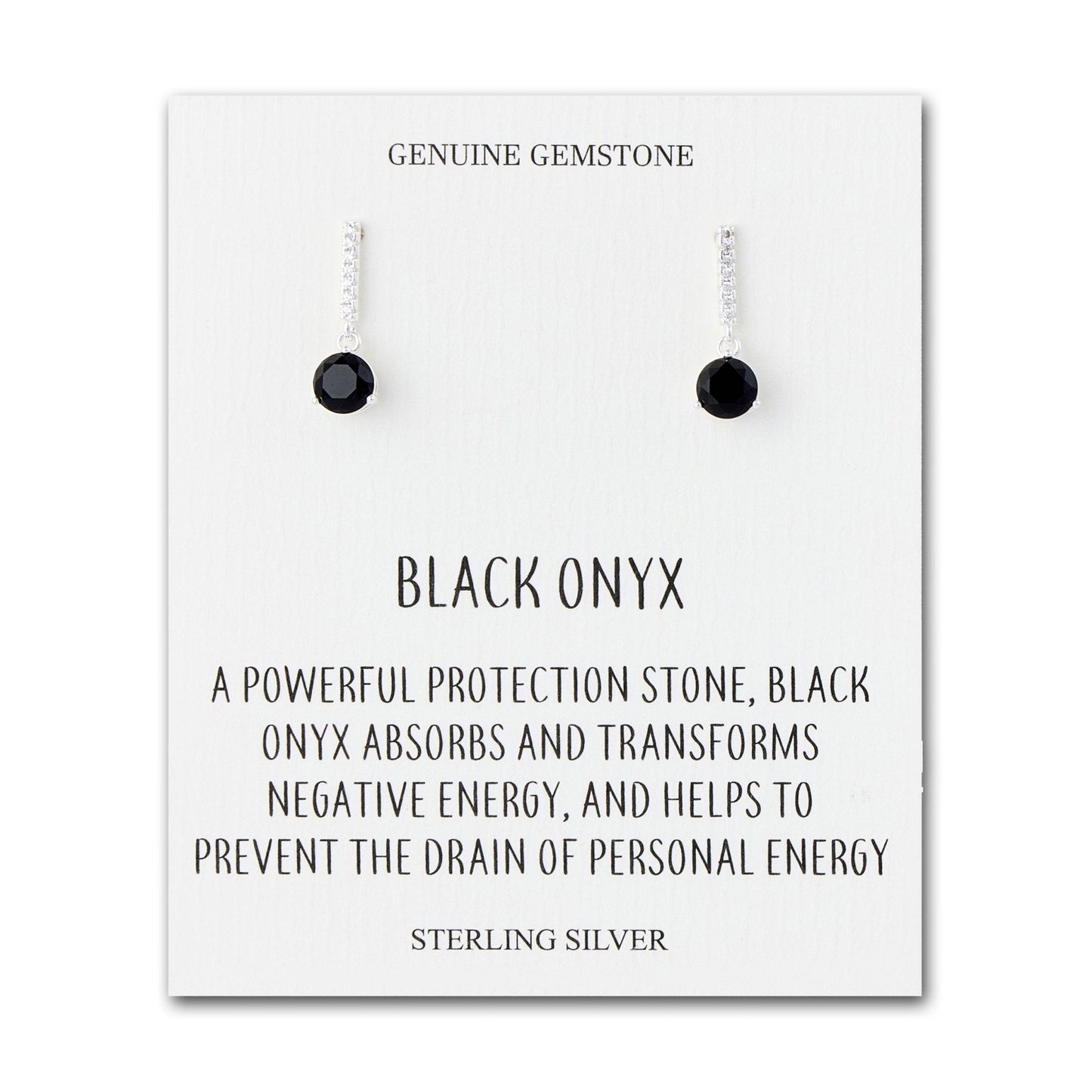 Sterling Silver Black Onyx Gemstone Drop Earrings with Quote Card