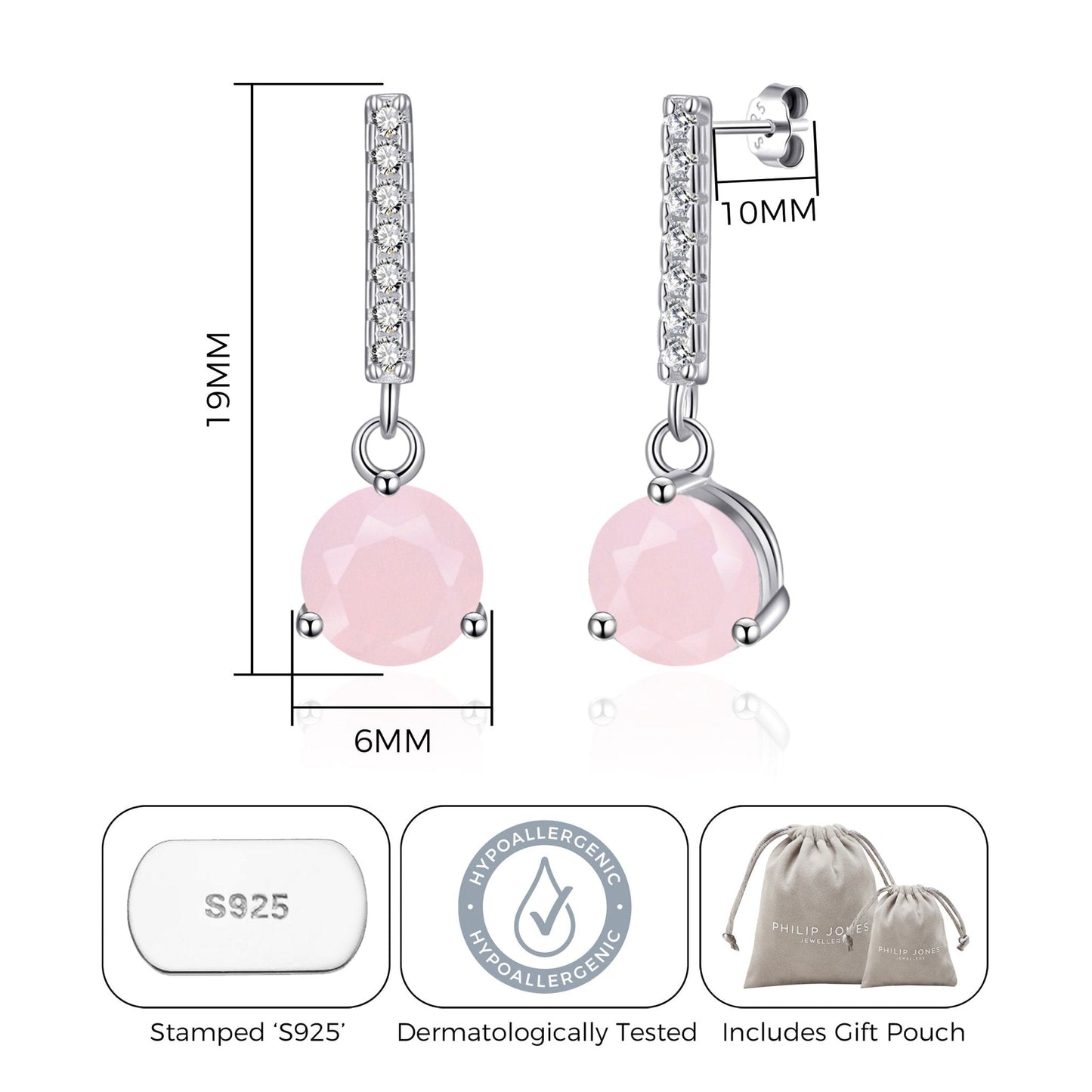 Sterling Silver Rose Quartz Gemstone Drop Earrings with Quote Card