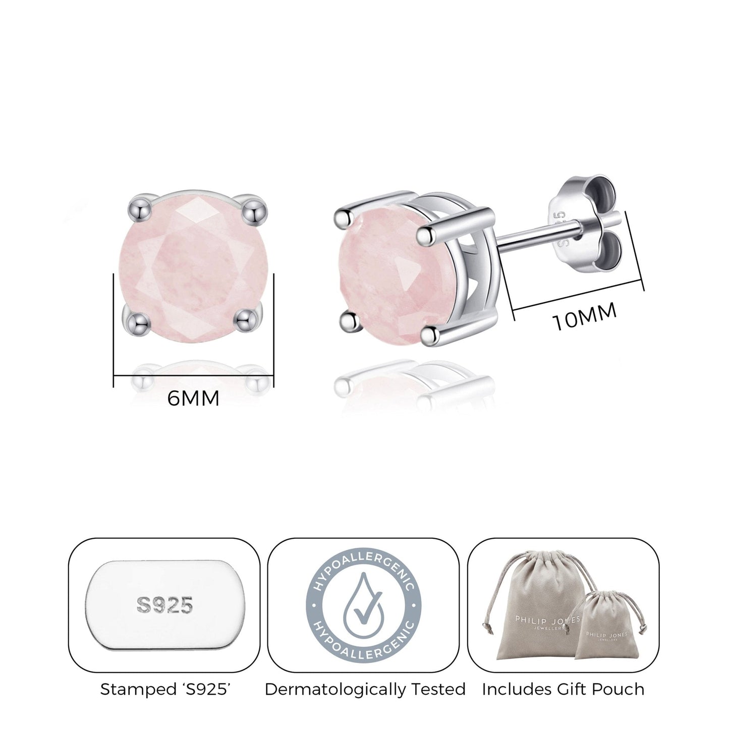 Sterling Silver Rose Quartz Gemstone Earrings with Quote Card