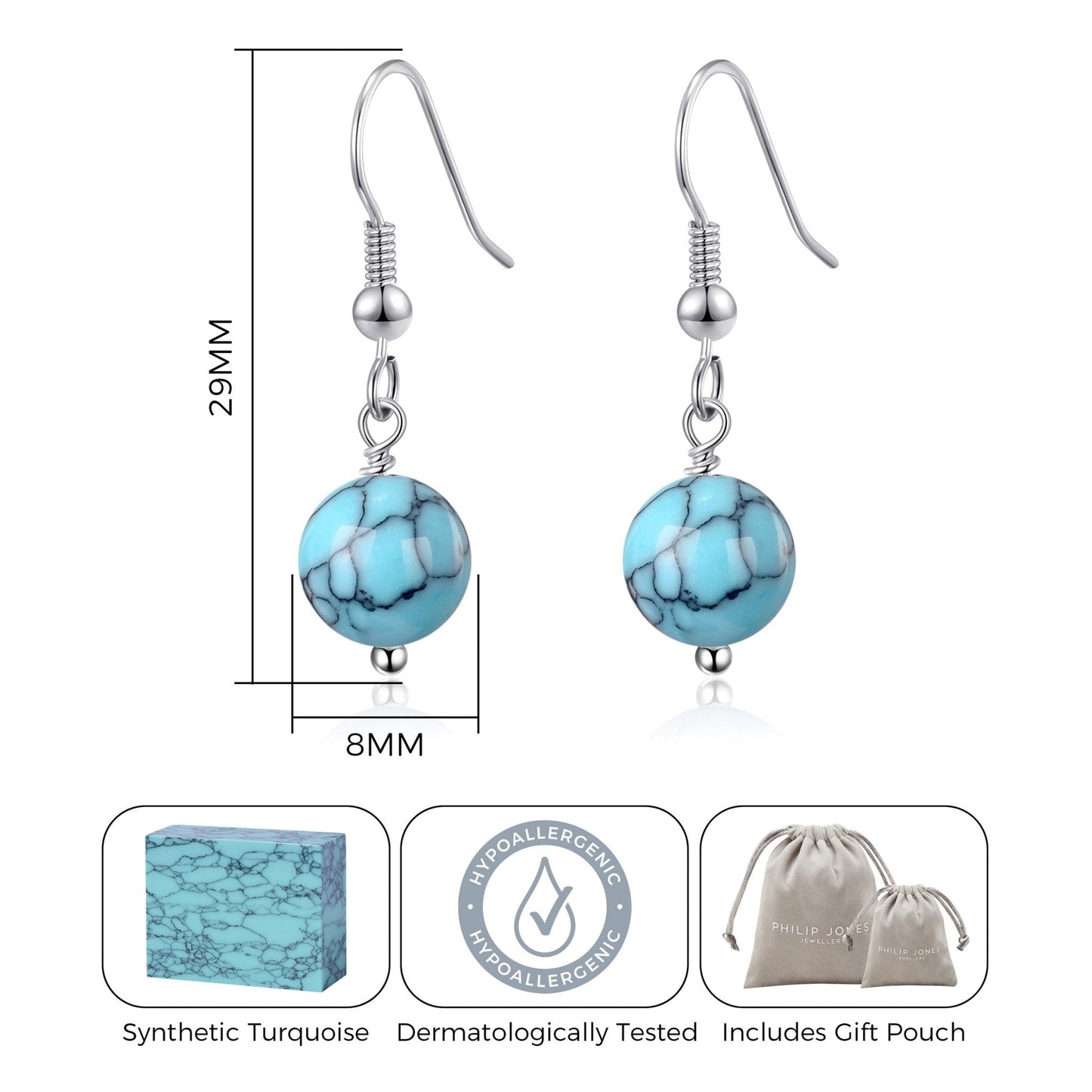 Synthetic Turquoise Gemstone Round Drop Earrings with Quote Card