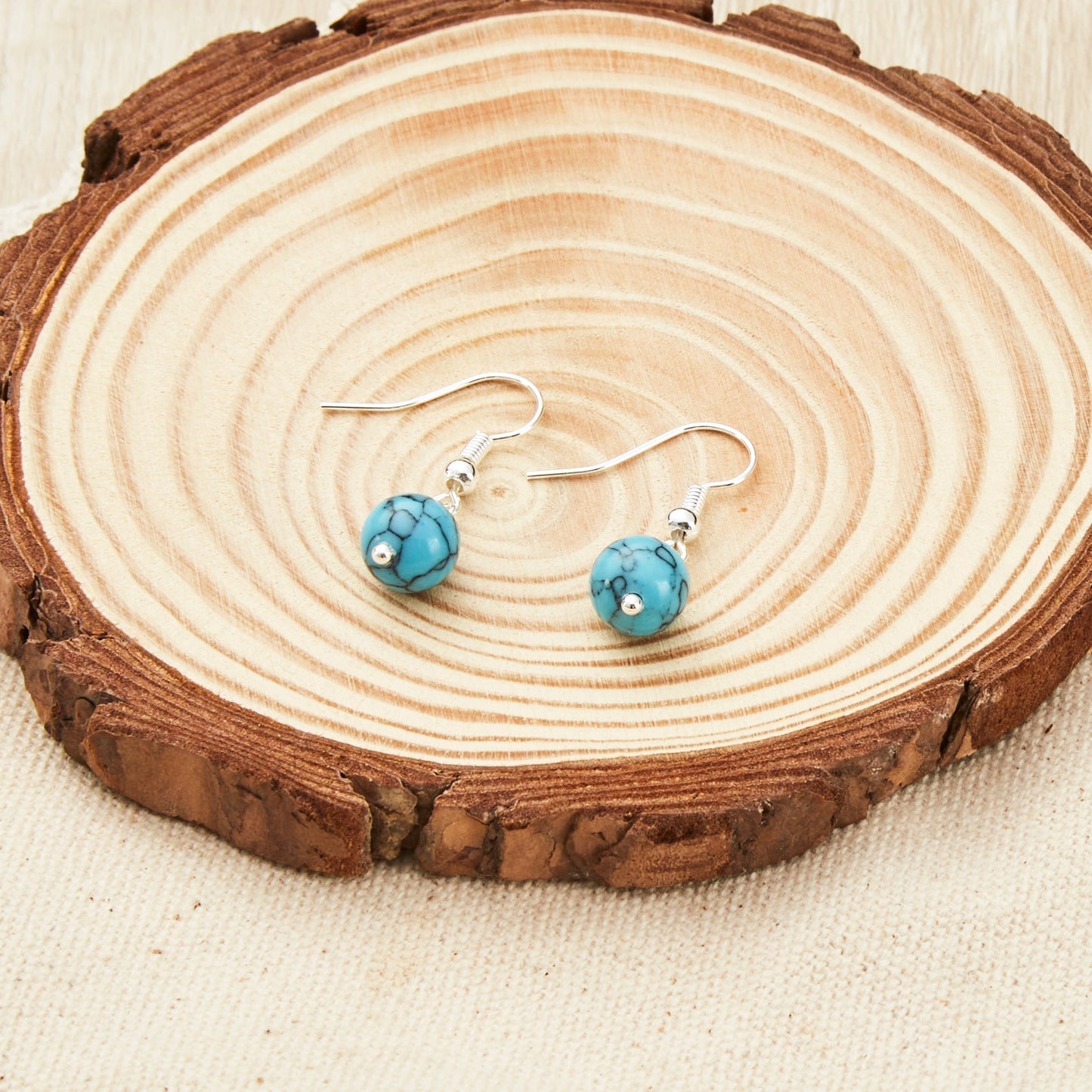Synthetic Turquoise Gemstone Round Drop Earrings with Quote Card