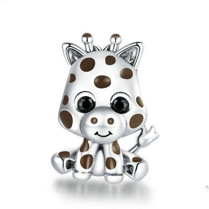 Adorable Baby Giraffe Charm in silver with brown spots, perfect for animal lovers' bracelets. Cute jewelry piece in the Charms & Pendants category.