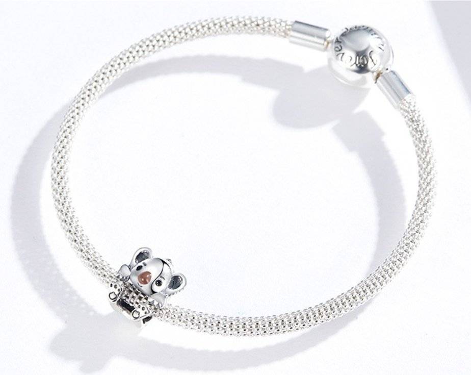 Adorable Baby Koala Charm on silver mesh bracelet, perfect for animal lovers. Features detailed koala design in fine jewelry finish.