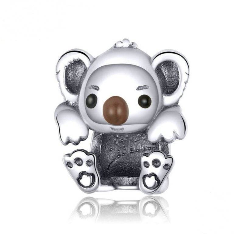 Adorable Baby Koala Charm in silver with black and brown enamel details, perfect for animal-themed bracelets. A cute jewelry piece for wildlife lovers.