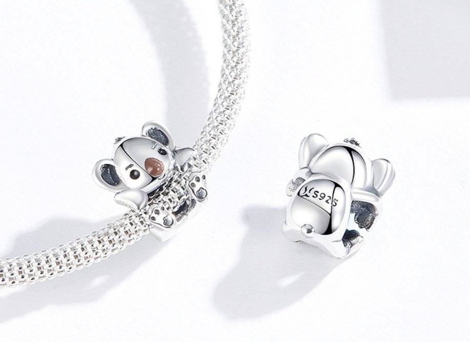 Adorable Baby Koala Charm in sterling silver with enamel details, perfect for animal-themed bracelets. Cute jewelry for wildlife lovers.
