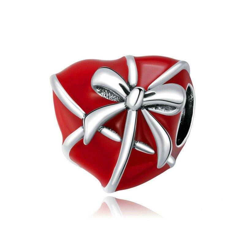 Elegant Bow Heart Charm in red enamel with silver ribbon detail, perfect romantic jewelry for bracelets. Symbol of love and grace for any occasion.