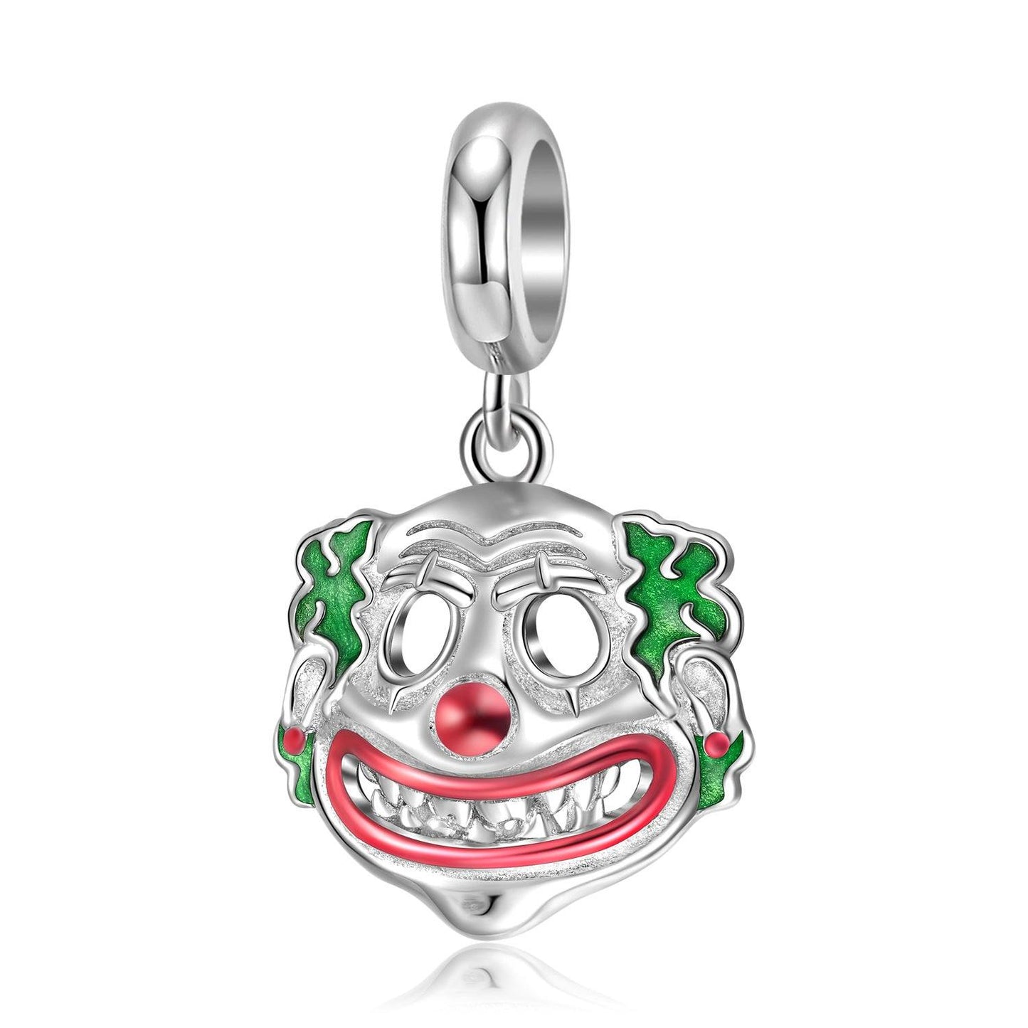 Fun Clown Charm for Bracelets in sterling silver with red nose, green hair, and whimsical circus design. Ideal for playful jewelry collections.